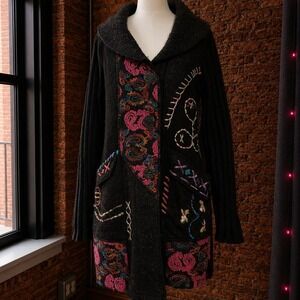 Vintage Black Patchwork Embroidered Wool Blend‎ Cardigan Boho Whimsigoth L
